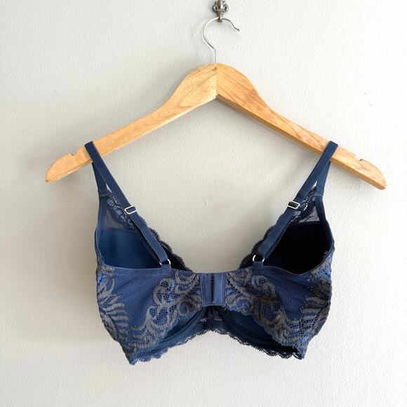 Natori Bra 32DD Feathers Plunge T Shirt Navy Gray Underwire Lace 730023 - Picture 3 of 13